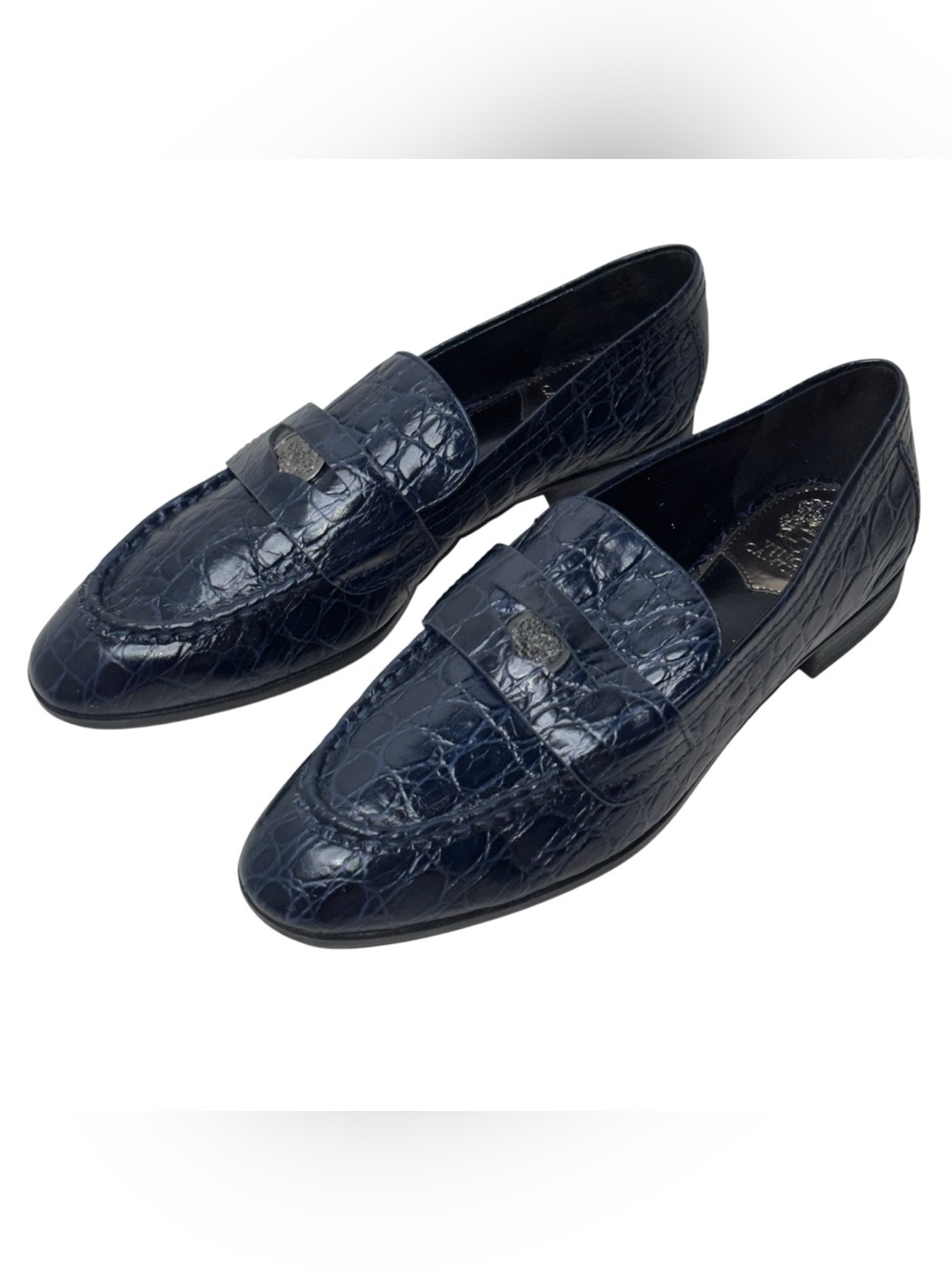 Vince Camuto Parama Loafers Navy Blue Croc Embossed Leather Slip On Women's 8.5